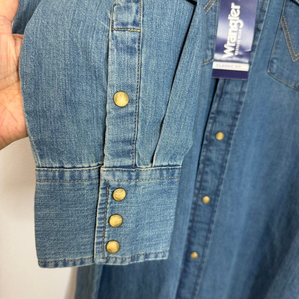 Wrangler Men's Classic Denim Western Snap Denim Shirt Mid Wash Rodeo Rancho XL - Picture 7 of 14
